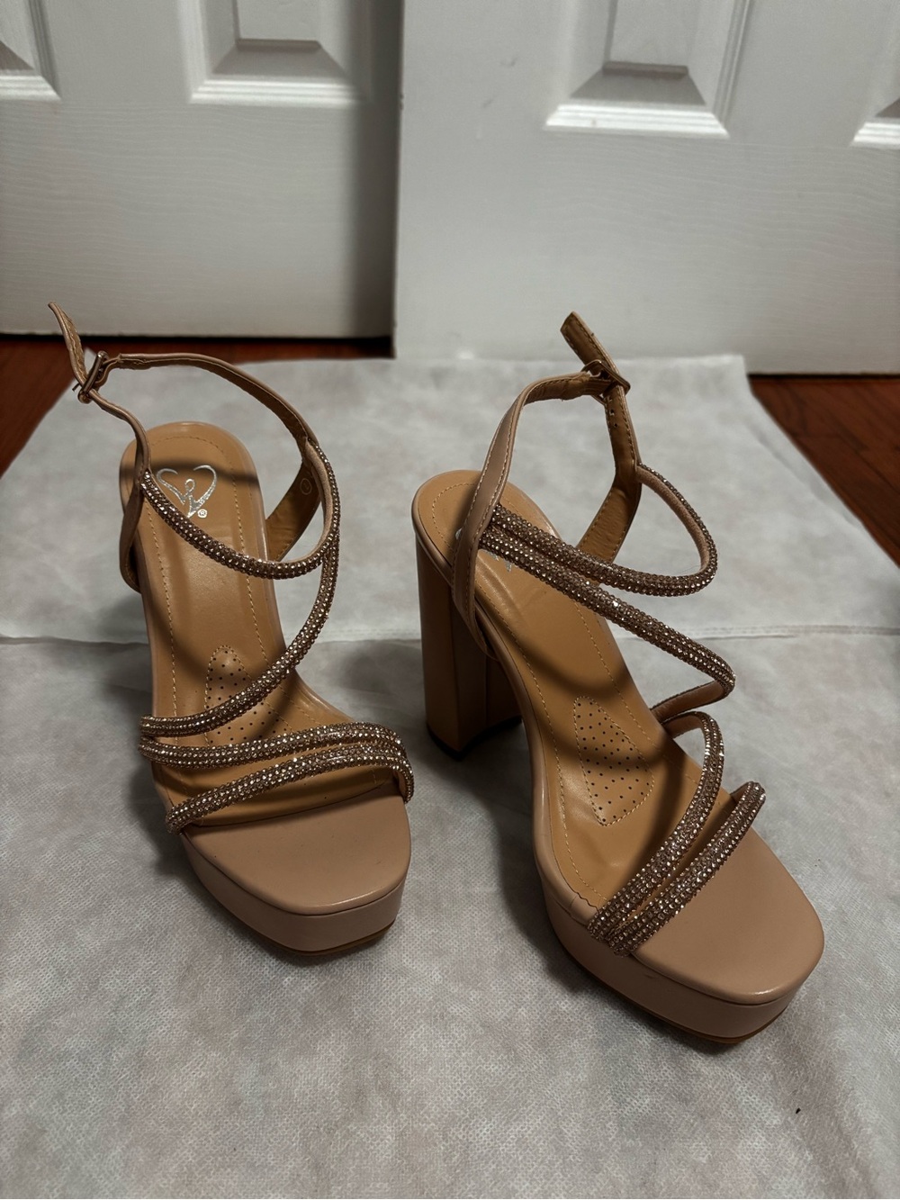 Platform Block Heel Sandals with Crystal Straps - Nude